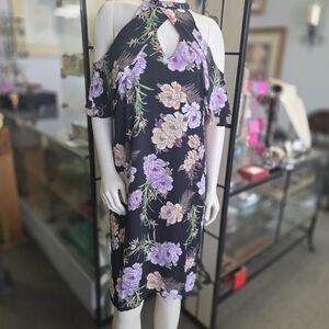 Black Cold-Shoulder Floral Midi Dress with Lavender and Peach Blooms